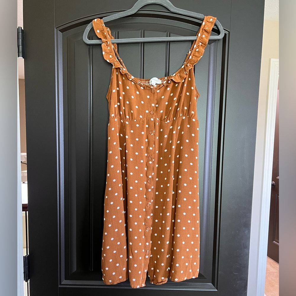 Orange Polka Dot Mini Dress | Size M | Adjustable Ruffle Straps | Flowy Fit